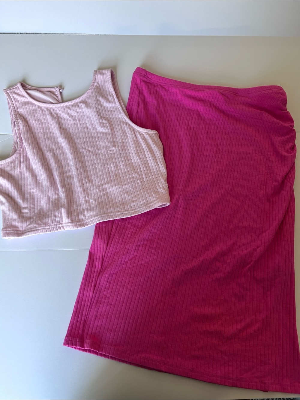 Maternity Ribbed Two-Piece Set - Light Pink Crop Top & Fuchsia Skirt
